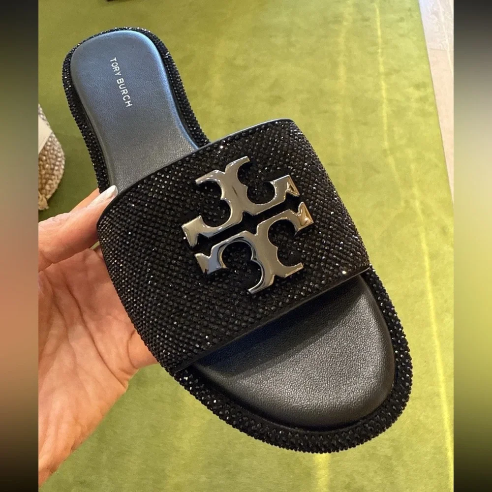 Tory Burch Everly Rhinestone Slides, Perfect Black / Jet / Pewter Size‎ 9